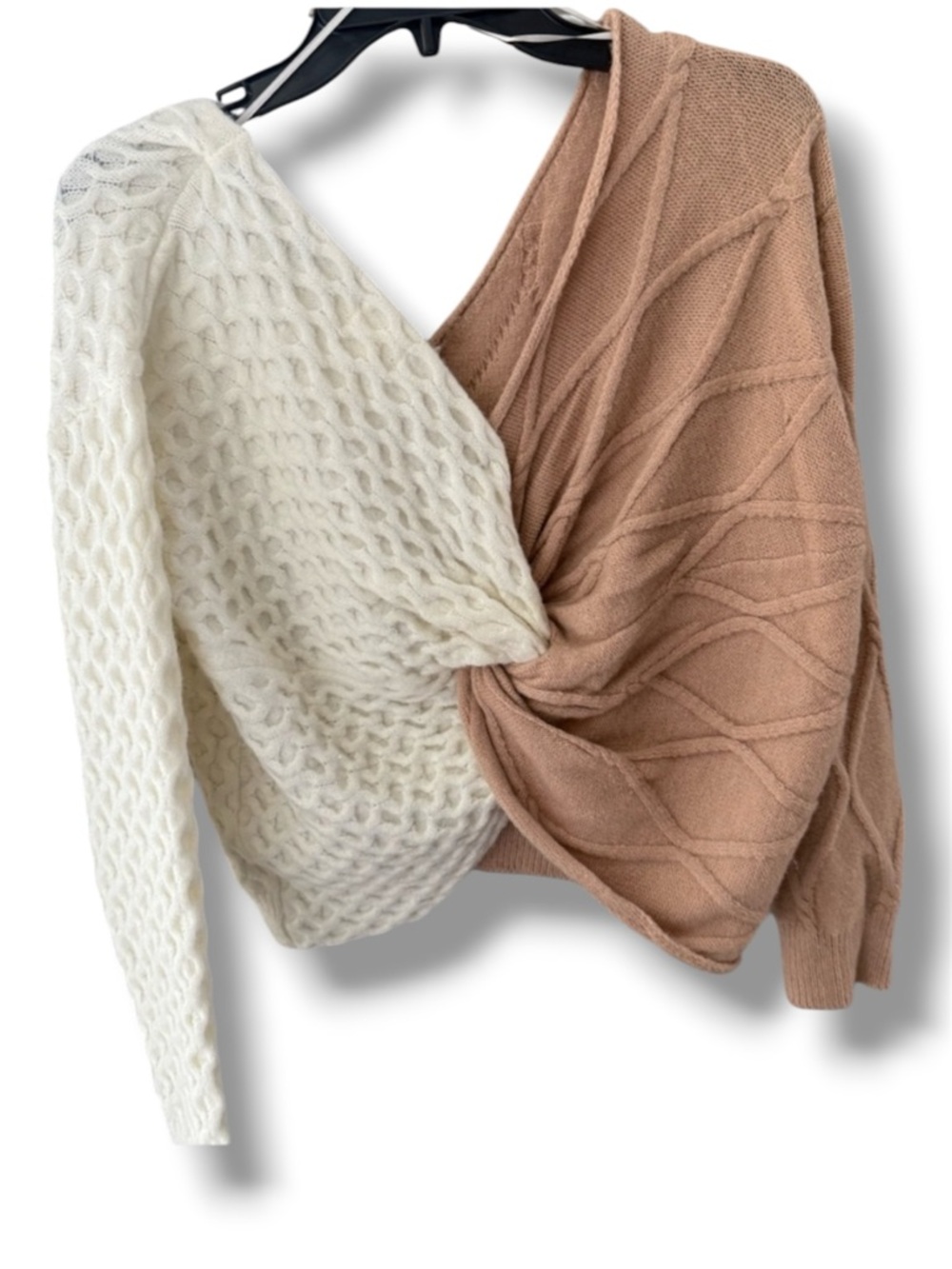 Chunky Cable Knit Cropped Tied Back Two-Tone Sweater - Cream & Taupe